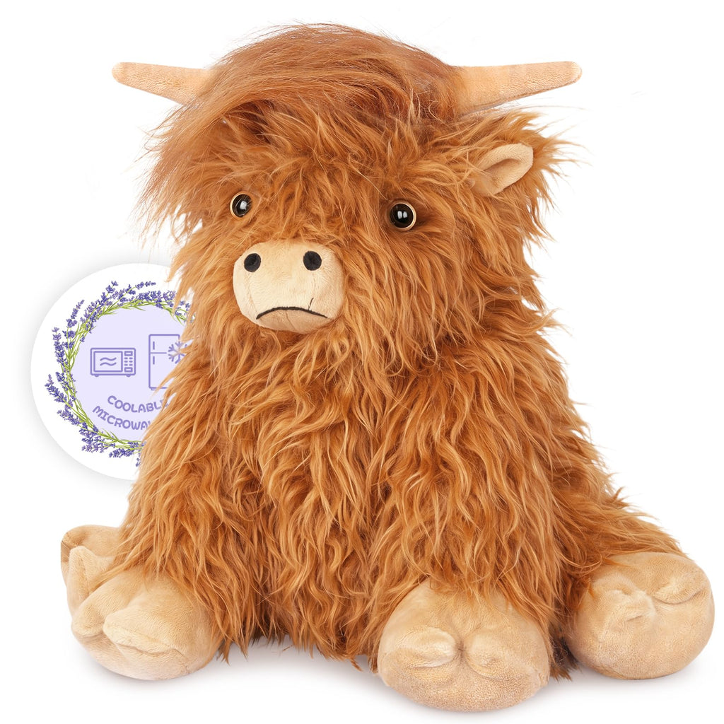 SuzziPals Heatable & Coolable Highland Cow Stuffed Animals Plushie, Microwavable Heating Pad for Soothing & Relaxation, Lavender Scented Cattle Plush Toys for Stress Relief, Stuffed Cow Gifts