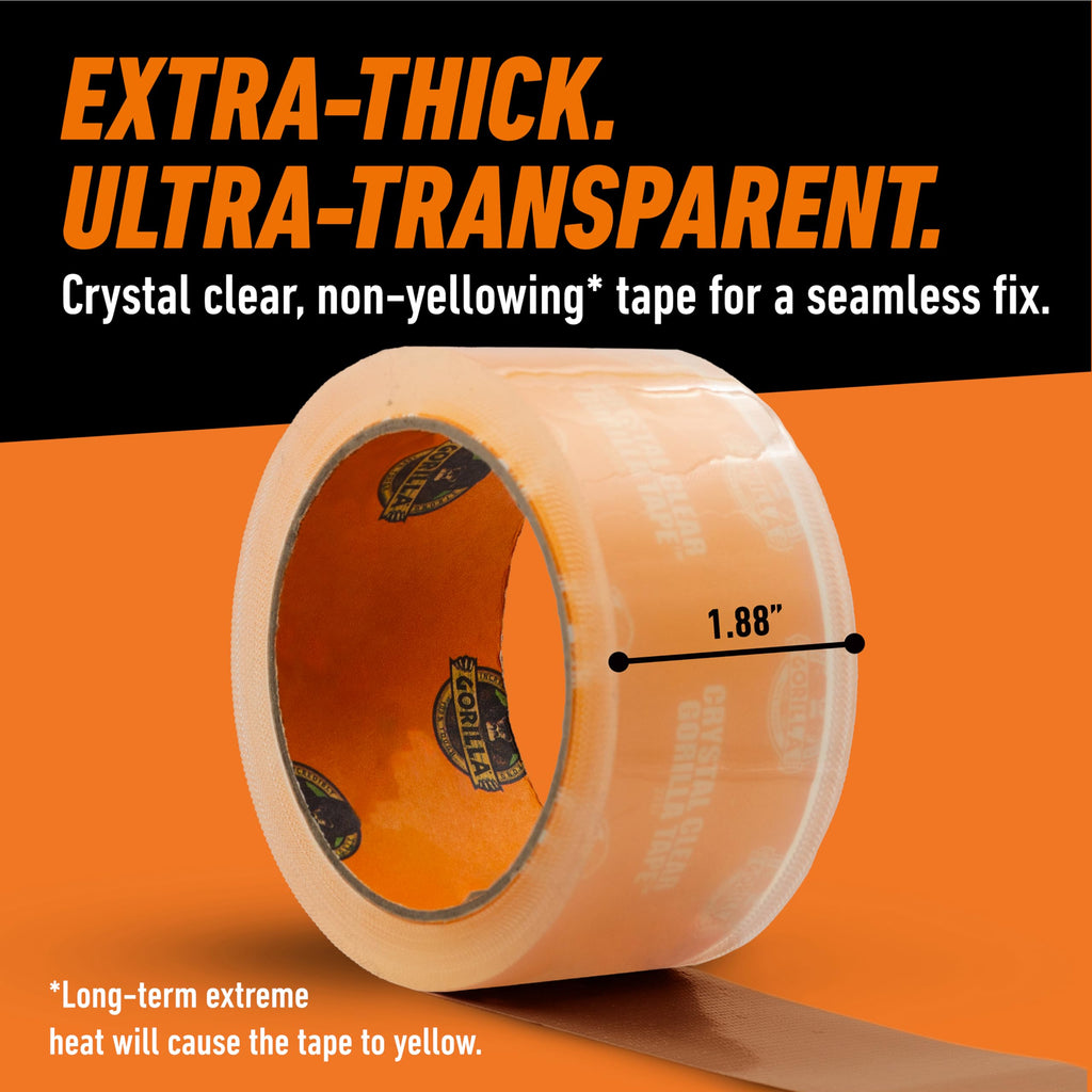 Gorilla Crystal Clear Tape, 1.88" x 18 yd, 1-Pack, Weather Resistant
