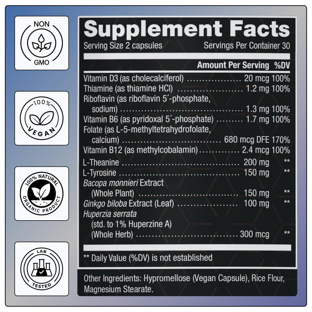 11-in-1 Nootropic Supplement: Supports Memory & Cognition - 100mg Ginkgo 150mg Bacopa 300mcg Huperzine 200mg L-Theanine 150mg L-Tyrosine & Bioactive B-Complex w/ 5-MTHF - 1,100mg+ Serving - 60 Count