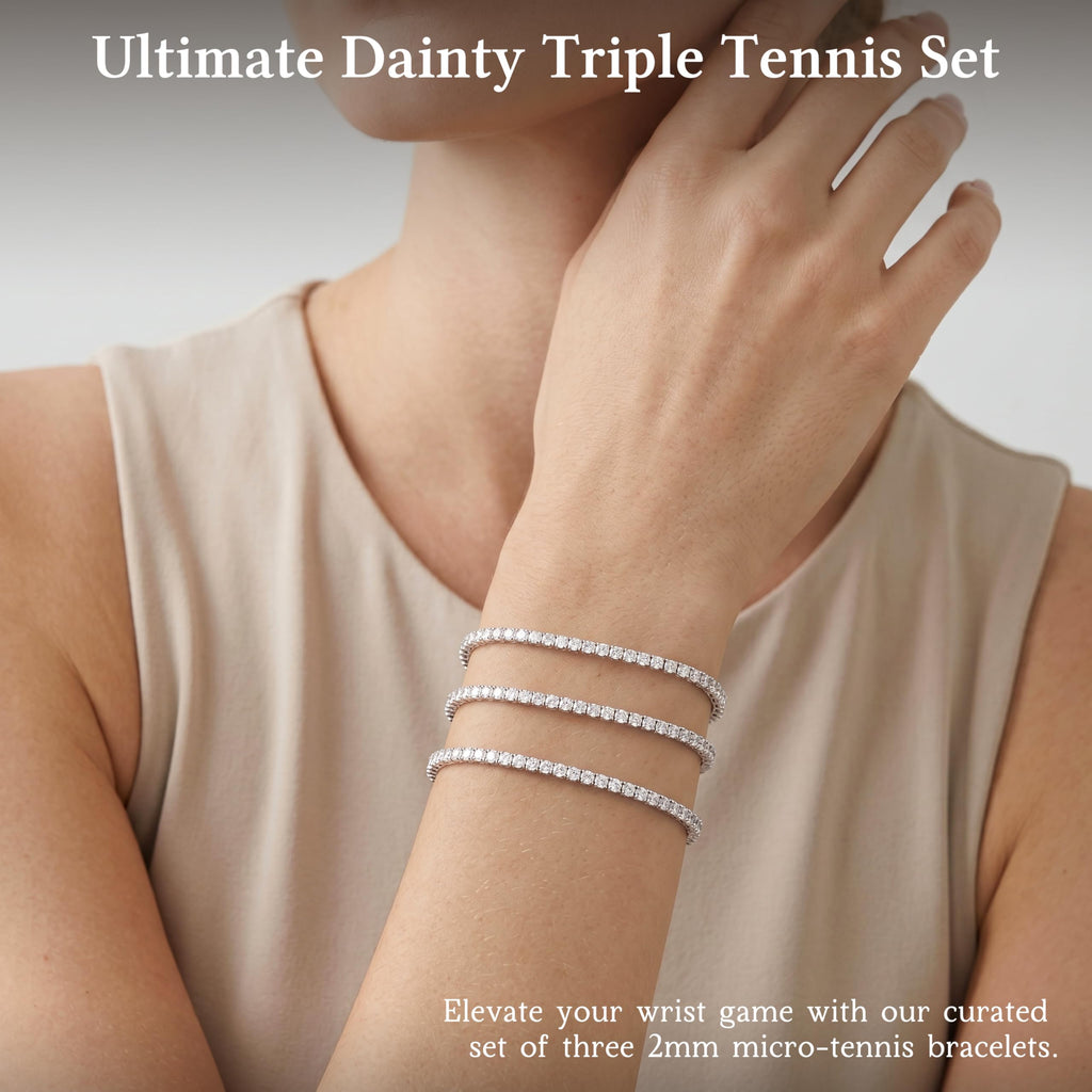 Dainty 2mm Silver Tennis Bracelet Set for Women, Sterling Silver Plated Triple Stackable Zirconia Bracelets, Minimalist Professional Jewelry for Business Casual Office Wear, 3-Piece Sparkle Wrist Set