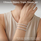 Dainty 2mm Silver Tennis Bracelet Set for Women, Sterling Silver Plated Triple Stackable Zirconia Bracelets, Minimalist Professional Jewelry for Business Casual Office Wear, 3-Piece Sparkle Wrist Set