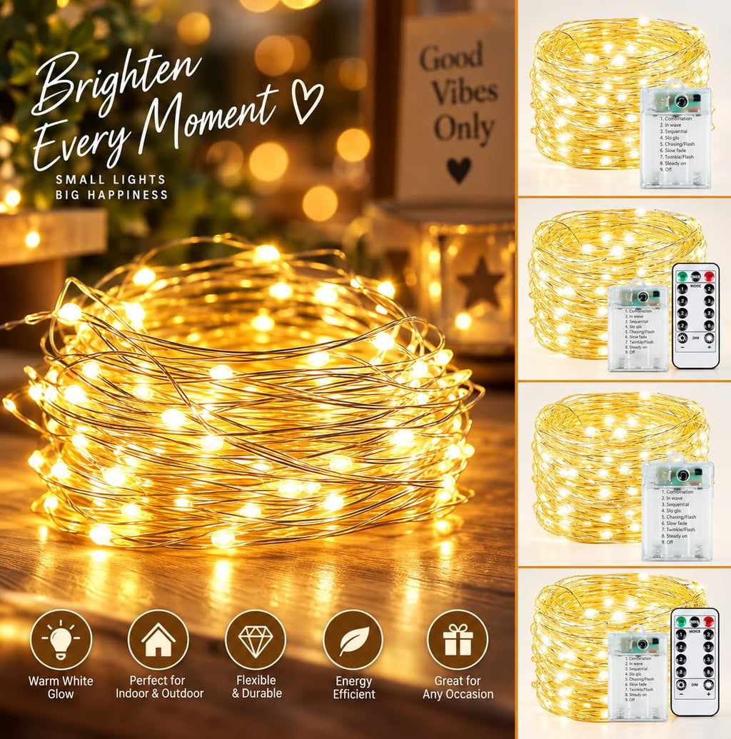 KAQ Fairy Lights Battery Operated with Remote, 4Pack 80FT 240LED Warm White