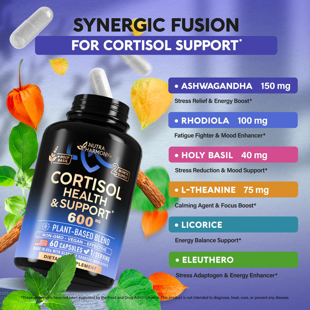 Cortisol Supplement for Women - Holy Basil | Ashwagandha | Rhodiola | L-Theanine - Plant-Based Hormone Balance - Mood, Focus & Sleep Support - Made in USA - Vegan, Non-GMO - 60 Capsules for 2 Months