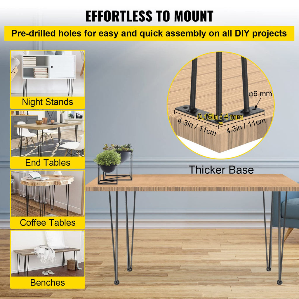 VEVOR Hairpin Table Legs 24" Black Set of 4 Desk Legs 880lbs Total Load Capacity Hairpin Desk Legs 3 Rods for Bench Desk Dining End Table Chairs Carbon Steel DIY Heavy Duty Furniture Legs