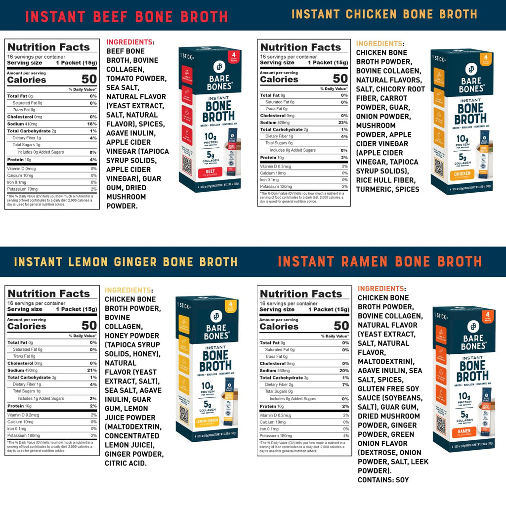 Bare Bones Bone Broth Powder Packets Variety Pack 16 Packets