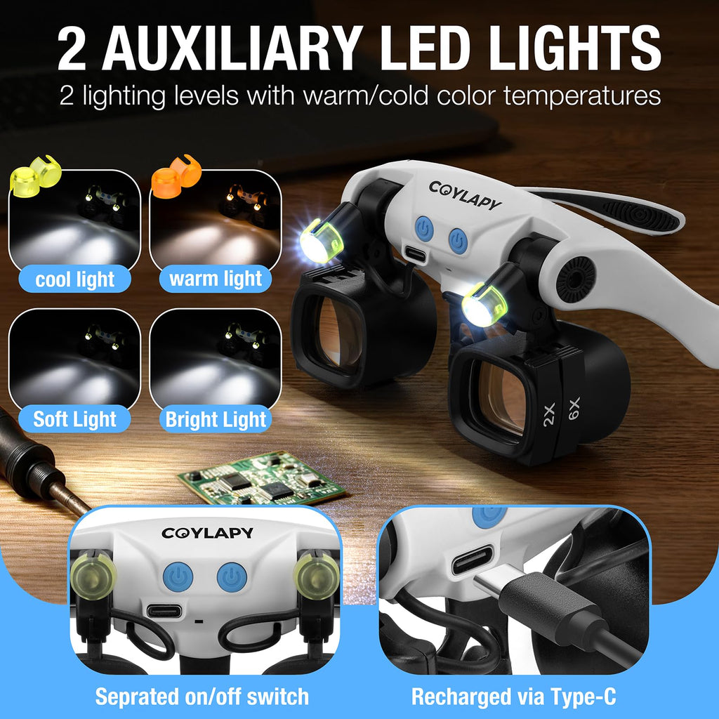 COYLAPY Magnifying Glasses for Close Work, Jewelers Magnifying Glass with Light & 5 Interchangeable Lens Pairs(2X 4X 6X 10x 13x), Headband Loupe Magnifier for Watch Repair,Crafts, w/Storage Case