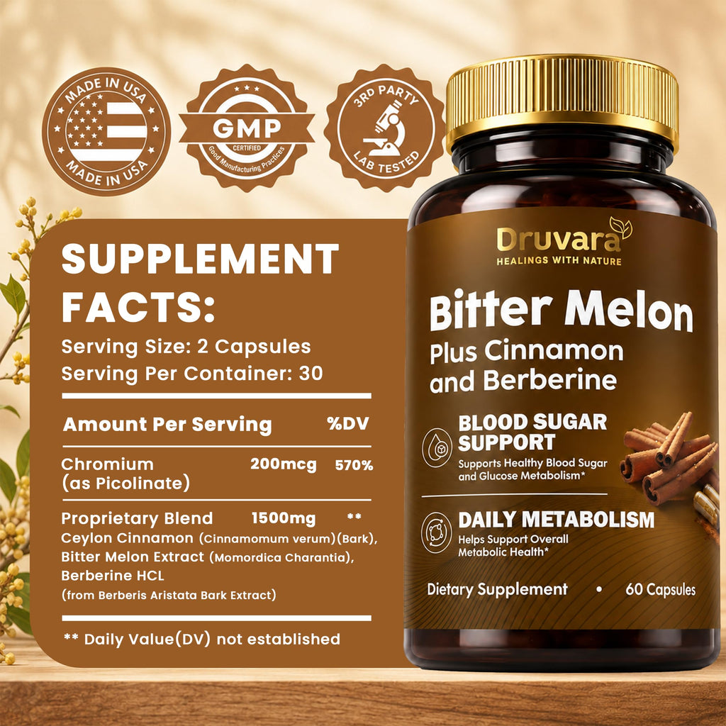 Druvara Bitter Melon Capsules with Berberine & Cinnamon, Sugar Balance, Metabolic Health & Steady Energy, with Extra Strength Bitter Melon Extract, Clean Formula, 60 Capsules
