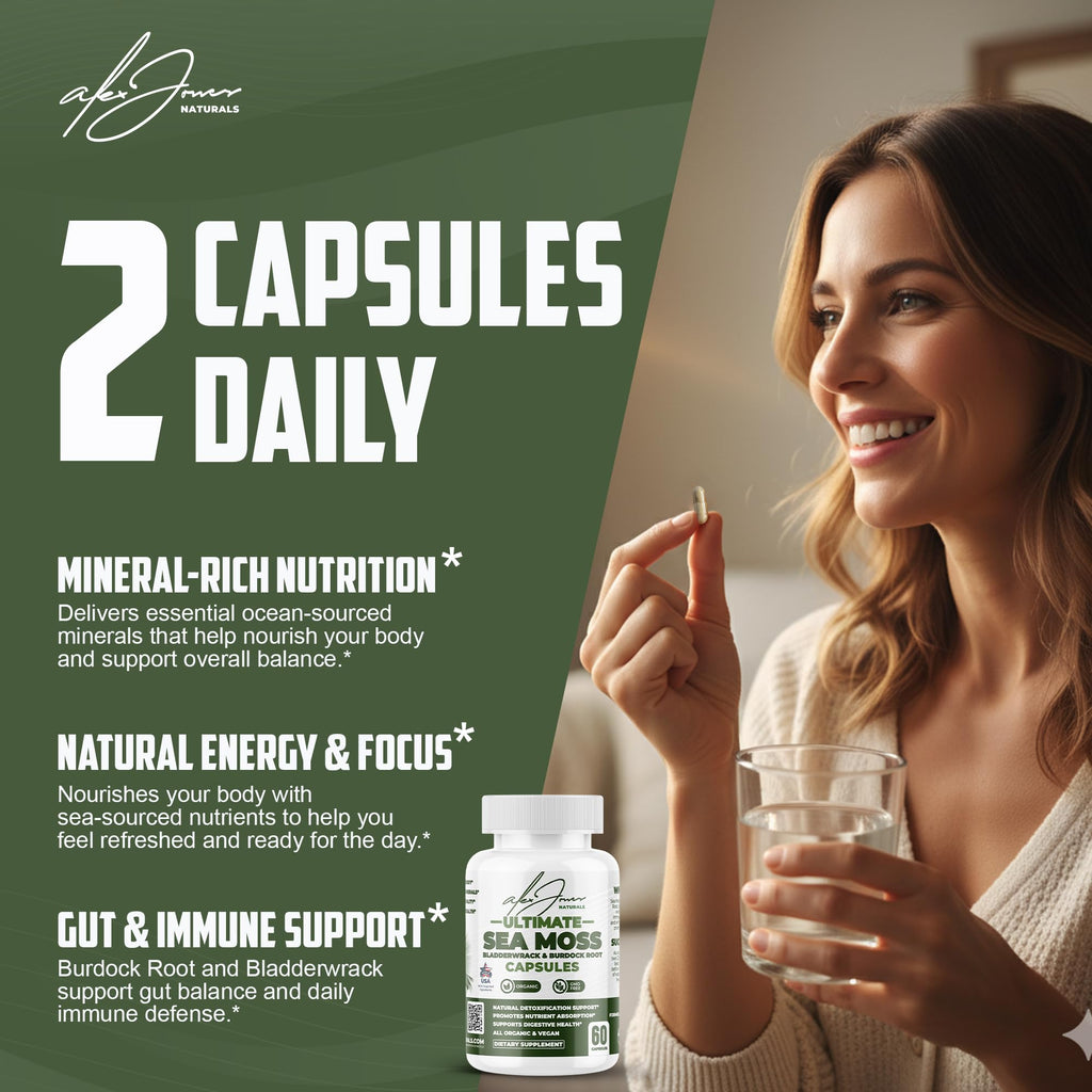Alex Jones Ultimate Seamoss Capsules – Vegan, Non-GMO Seaweed Supplement w/Bladderwrack & Burdock Root – Immune Boost, Energy Support Sea Moss Supplements for Men & Women - 60 Nutrition Support Pills