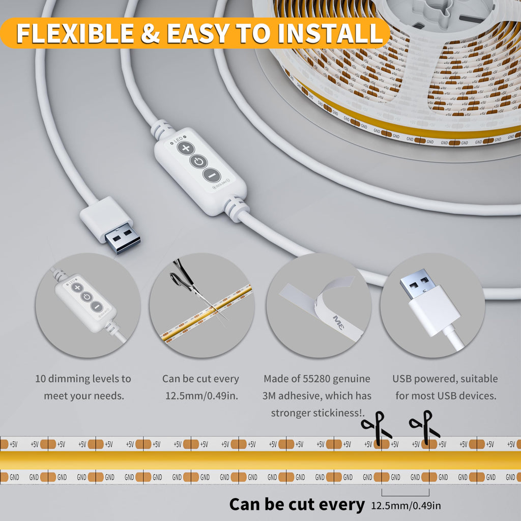 PAUTIX 5V USB LED Strip Light 6.56ft/2m, 640LEDs 1200lm Dimmable COB LED Strip 6000K Daylight White CRI90+ USB Powered Backlight for Sewing Machine,Mirror, Cabinet, Wardrobe, DIY Lighting Project