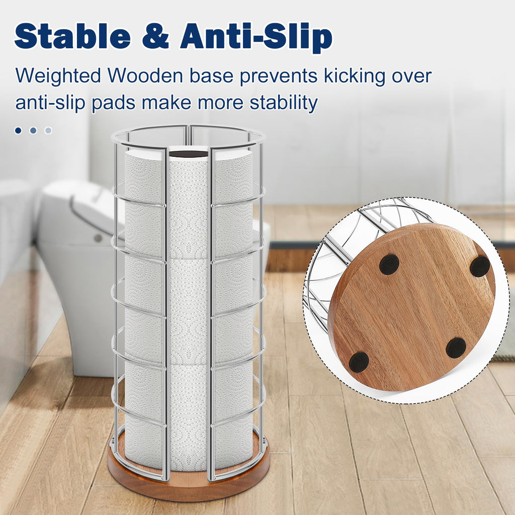 NearMoon Toilet Paper Organizer Stand, Freestanding 3 Rolls Tissue Storage, Metal Bathroom Accessory, Rustproof Toilet Roll Holder for Kitchen Countertop Inside Cabinet Shelf(Wooden Base, Chrome)