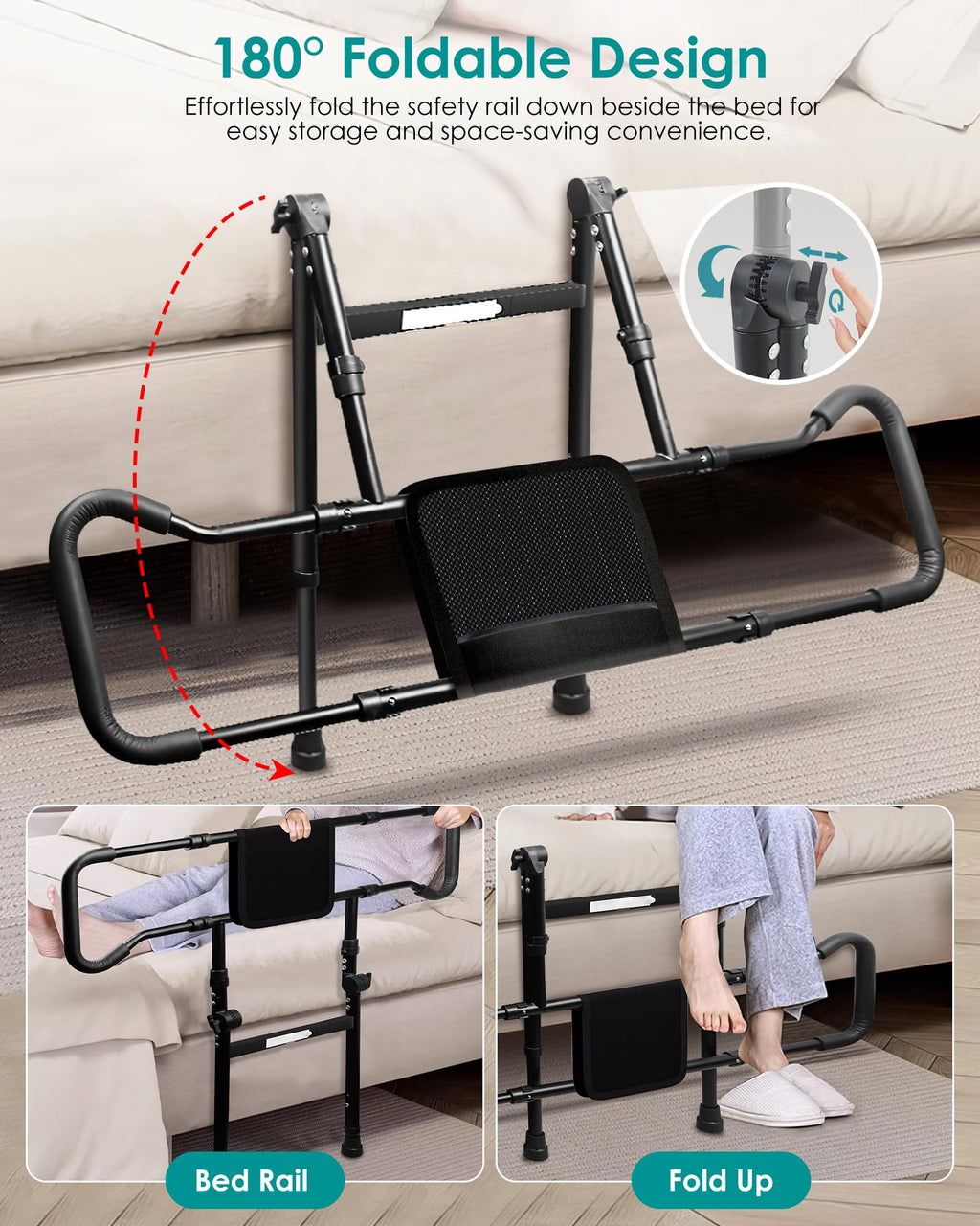 AMOVO Bed Rails for Elderly Adults Safety - Foldable Bed Assist Rails for Seniors Bed Side Grab Bar with Sensor Light, Adjustable Bedside Railing Safety Guard Rail Cane (ASTM F3186–17 Certified)