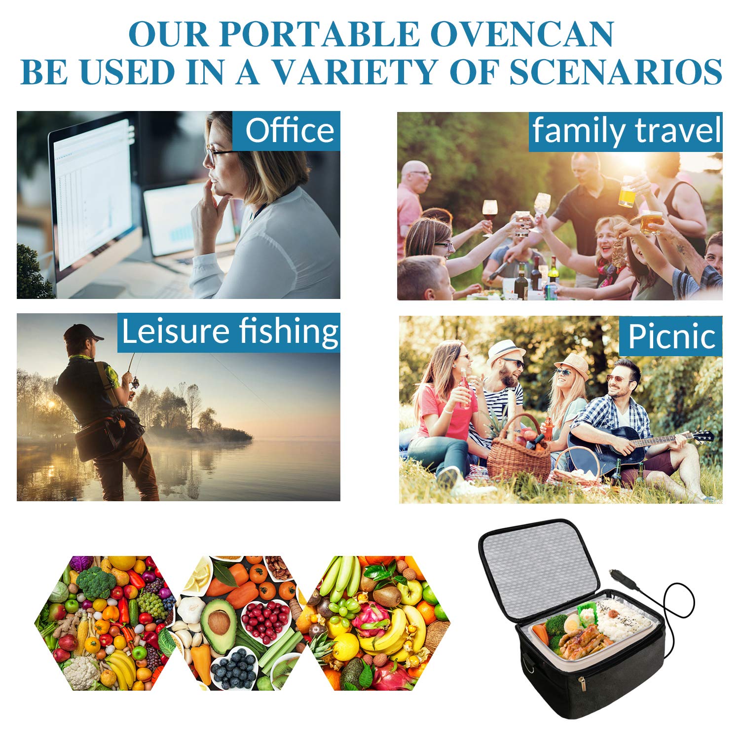 Portable Oven 12V Personal Food Warmer,Car Heating Lunch Box,Electric Slow Cooker For Meals Reheating & Raw Food Cooking for Road Trip/Office Work/Picnic/Camping/Family gathering(12V) (Black)