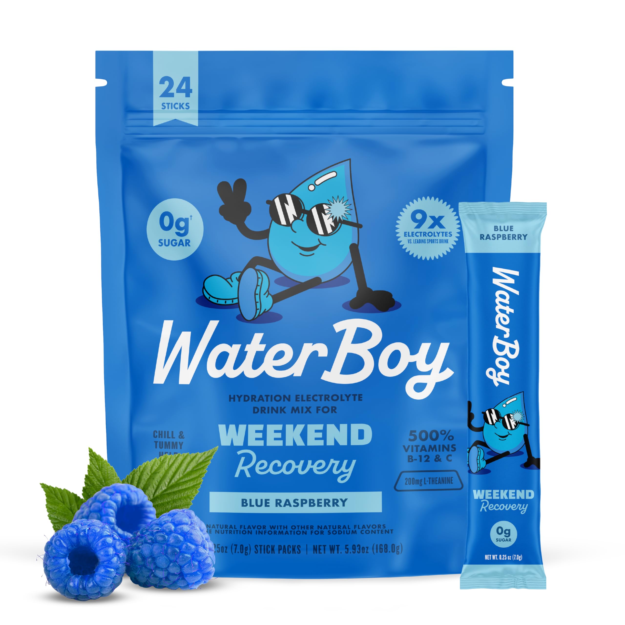 Waterboy Weekend Recovery x FOW | 3,200mg Electrolyte Powder Packets | Ginger + L-Theanine + Vitamins | No Sugar, All Natural, Gluten Free | 24 Drink Stick Mixes (Fruit Punch)