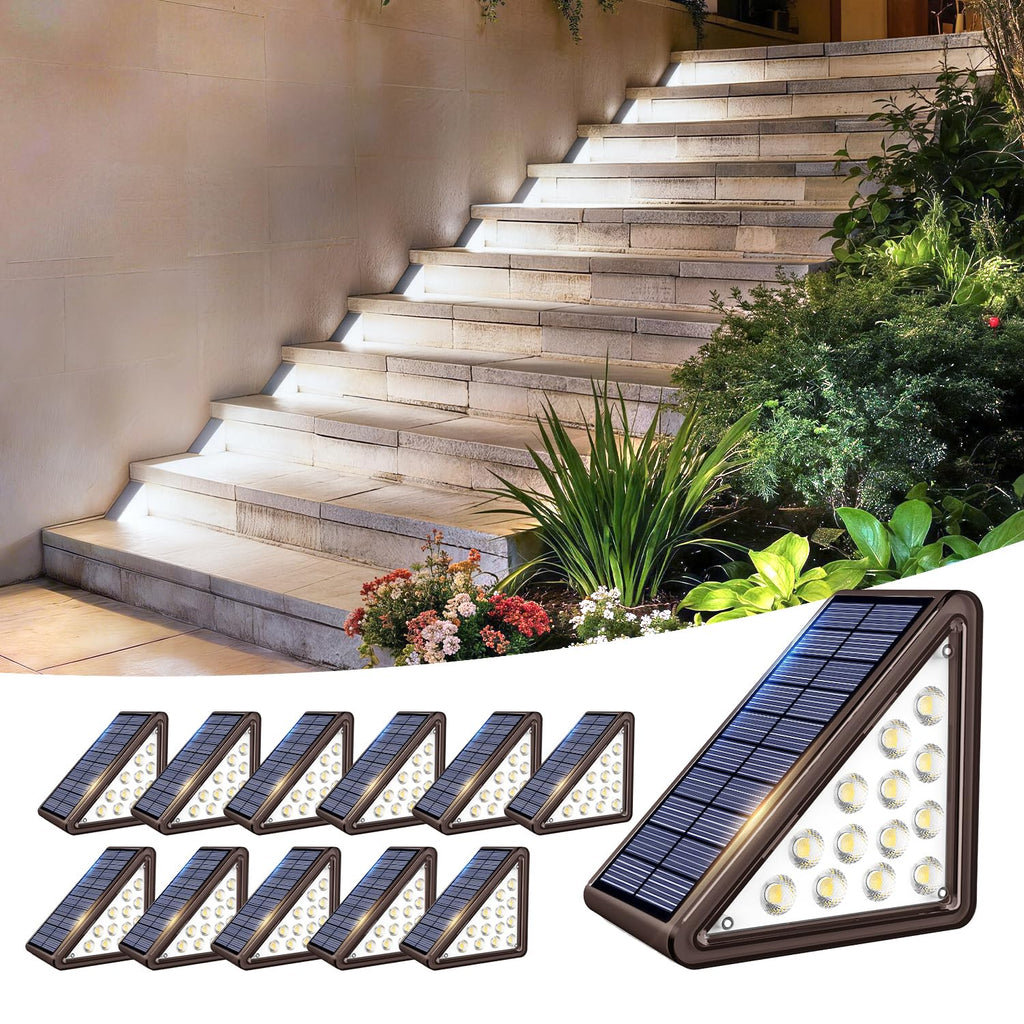 JEJOT Solar Step Lights Outdoor Waterproof IP65,Cool White Brown Solar Stair Lights, Outdoor Light Decor for Stair, Deck, Step, Porch and Outside Patio, 12 Pack