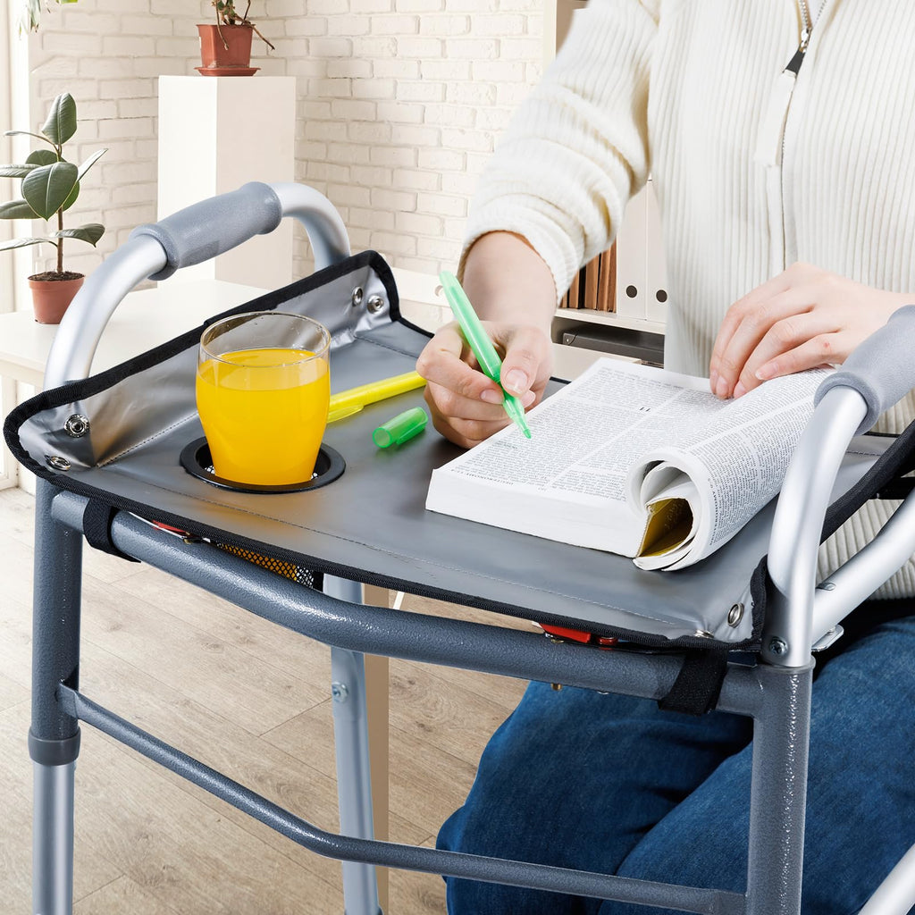 BAGSFY Walker Tray for Folding Walkers with Cup Holder – Hard Tray Table for Seniors,Easy Install, Universal Fit Walker Accessory for Meals, Drinks, Reading, Laptop