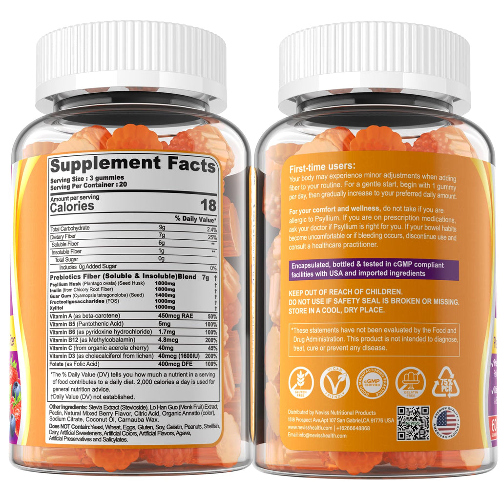 1Pack Fiber Gummies for Adults with Psyllium Husk, 7G(Soluble + Insoluble) Daily Prebiotic Fiber with Inulin, FOS, Guar Gum, Multivitamins for Daily Digestive Health, Regularity Gut Support,Sugar Free