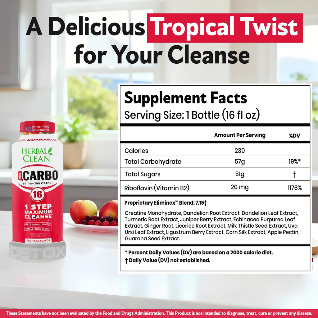 Herbal Clean Qcarbo16 Same-Day Detox Cleanse Drink (16 fl oz) - Tropical Flavor Full Body Cleanse* Detox Drink for Moderate Toxin Level*, Vitamin B2 and Vitamin B12 for Men & Women