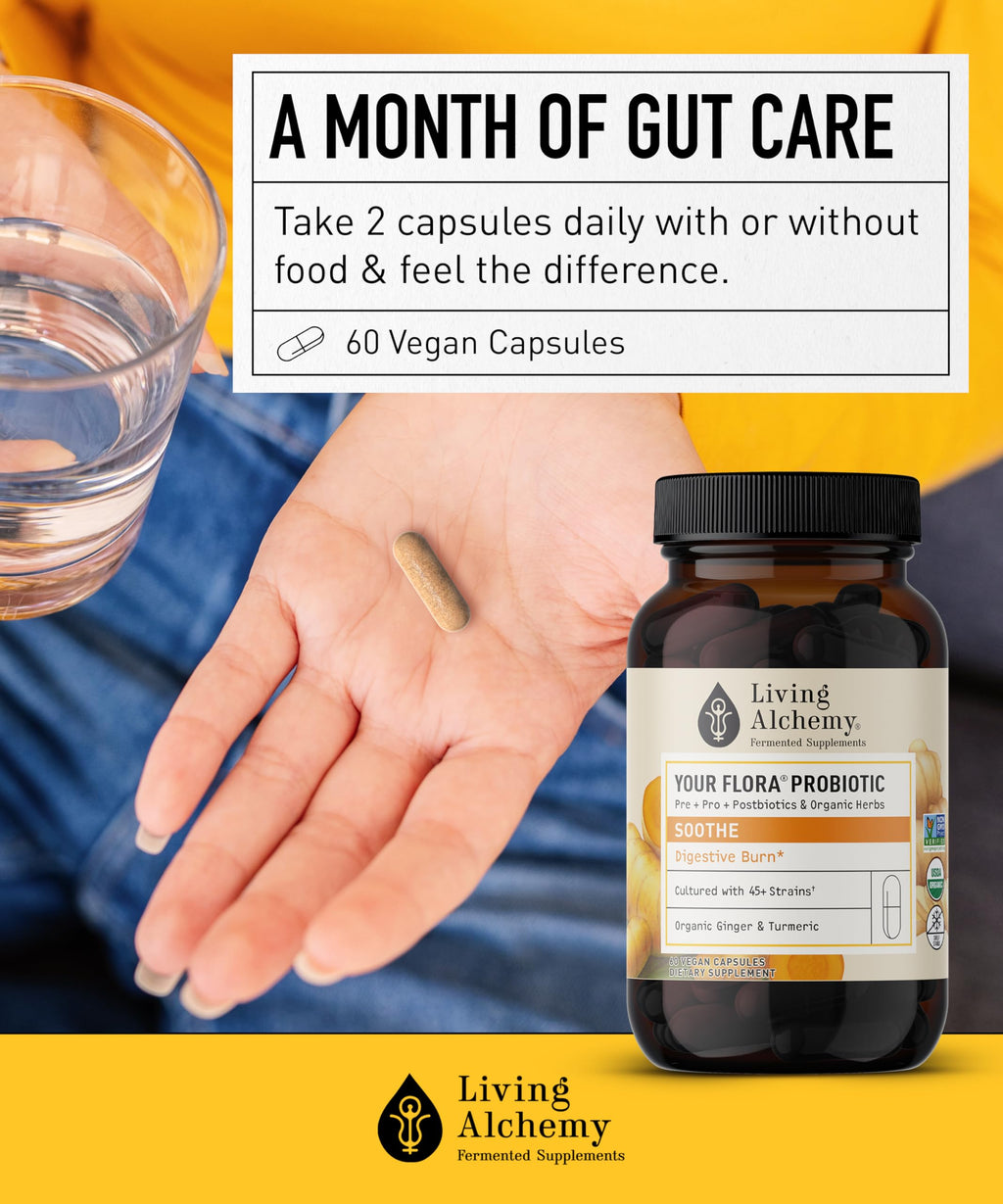 Your Flora Probiotic Soothe – Non-GMO Probiotics with Fermented Soybean, Ginger, & Turmeric for Gut Balance, Digestion, & Support – Prebiotics, Postbiotics, Digestive Enzymes – Living Alchemy, 60 Pcs