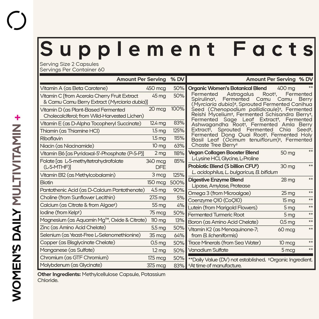 Codeage Women’s Daily Multivitamin, 25+ Vitamins & Minerals, Fermented, Organic Whole Foods, Probiotics Supplement - Vitamin A, B, C, D, E & K, Omega 3, Zinc – Vegan - 120 Capsules