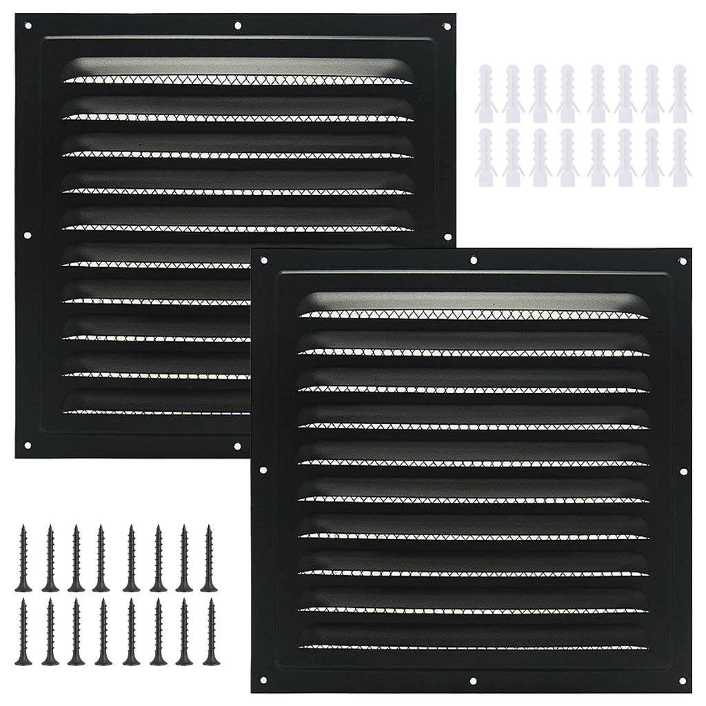 2pcs Attic Vent Soffit Vent Aluminum Wall Vent Metal Shed Vent Square Vent Louver Vent Grille with Built-in Insect Screen for Exterior Door House Attic Garage Ceiling (Black 12" x 12"-2 Pack)