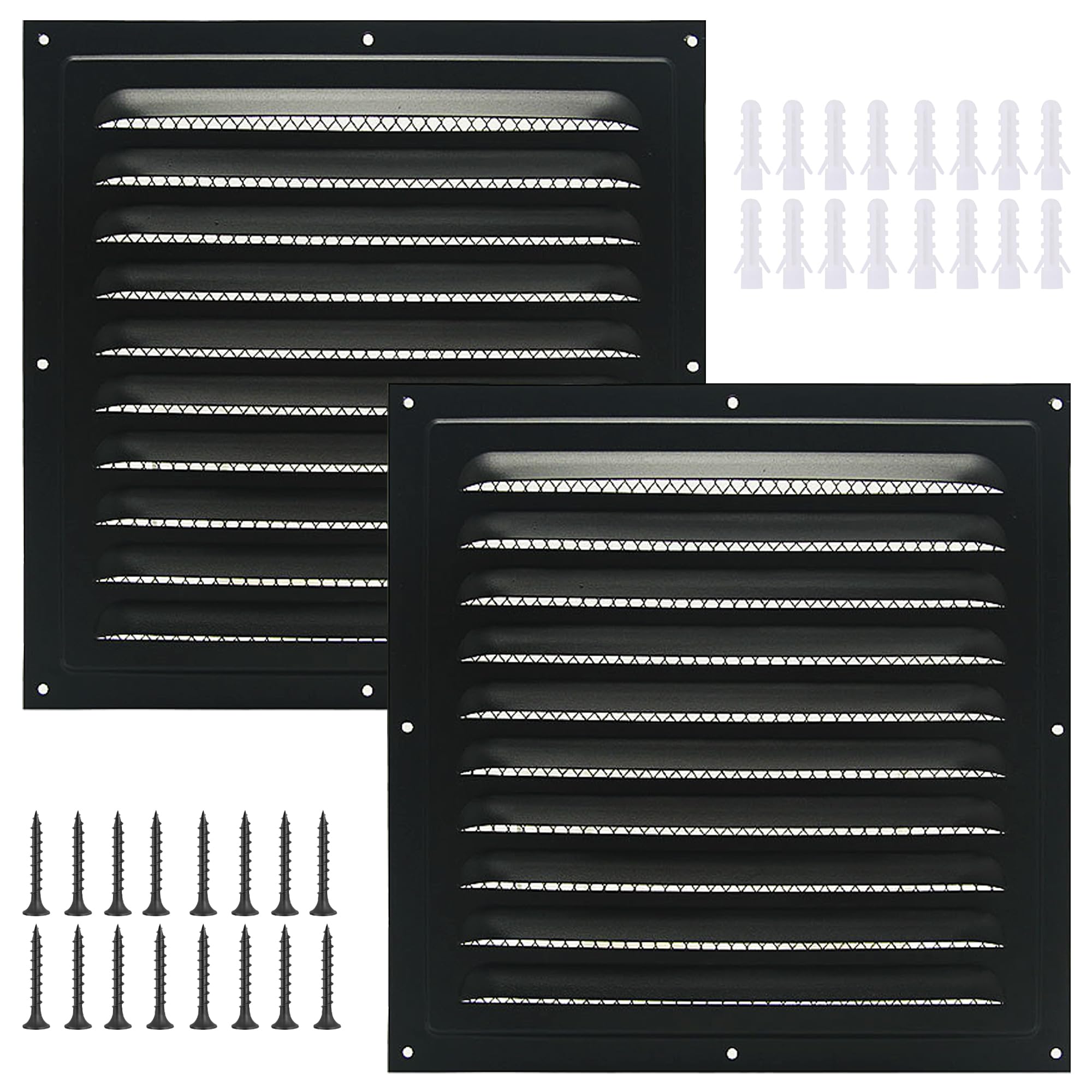 2pcs Attic Vent Soffit Vent Aluminum Wall Vent Metal Shed Vent Square Vent Louver Vent Grille with Built-in Insect Screen for Exterior Door House Attic Garage Ceiling (Black 12" x 12"-2 Pack)