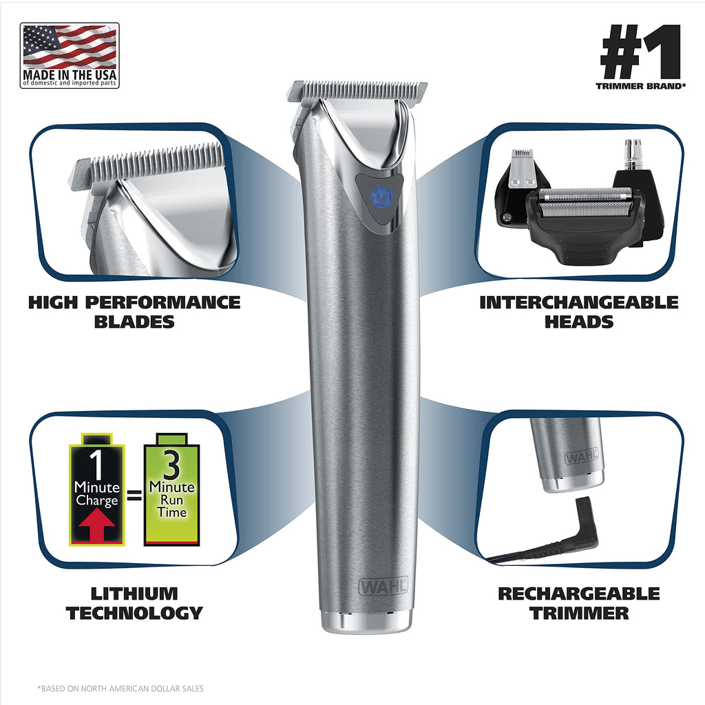 Wahl Stainless Steel Lithium Ion Plus - Beard Trimmer and Shaver for Men | Nose and Ear Hair Trimmer | US Version | Dual Voltage (Needs Plug Adapter) | Model 9864SS