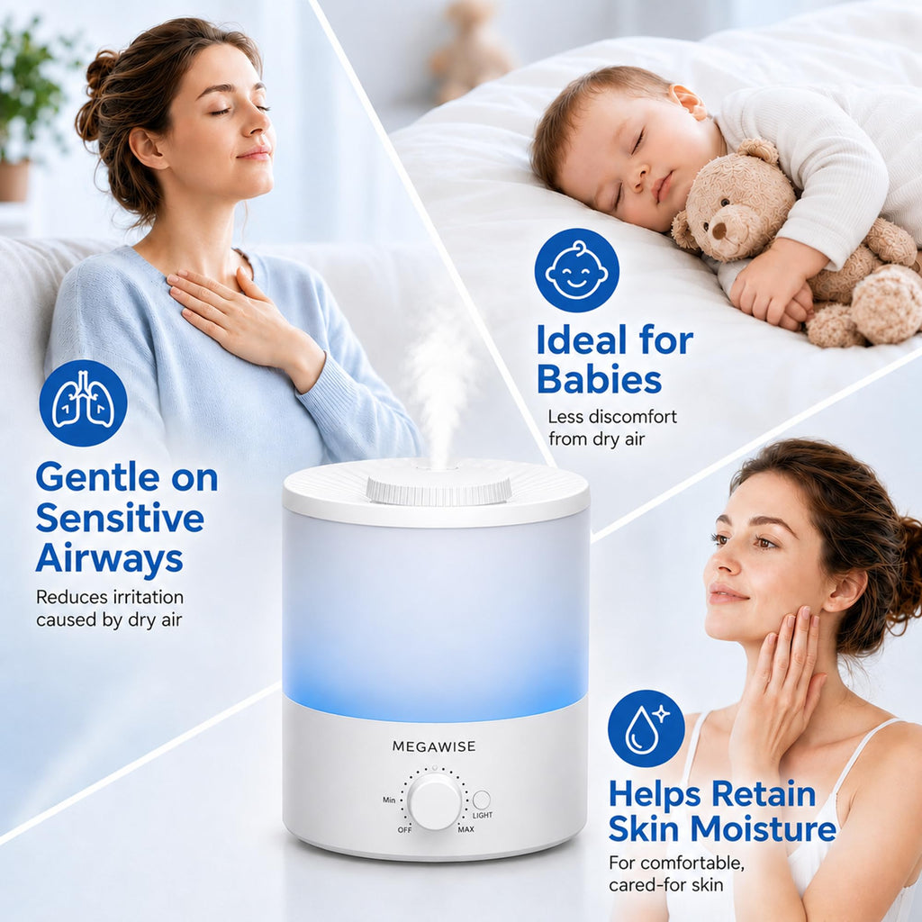 MEGAWISE 1.5L Quiet Cool Mist Humidifier, 25dB, Portable for Bedroom
