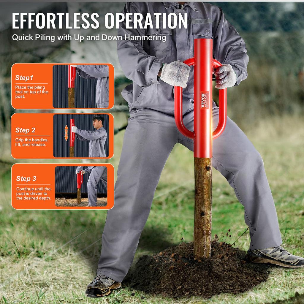 VEVOR Fence T Post Driver, 4.11" Inner Diameter Post Pounder with Handles, 22LB Heavy Duty Carbon Steel Hand Post Rammer, Farm Fencing Hole Digger for U Channel, Sign Pole, Wooden Post, Red