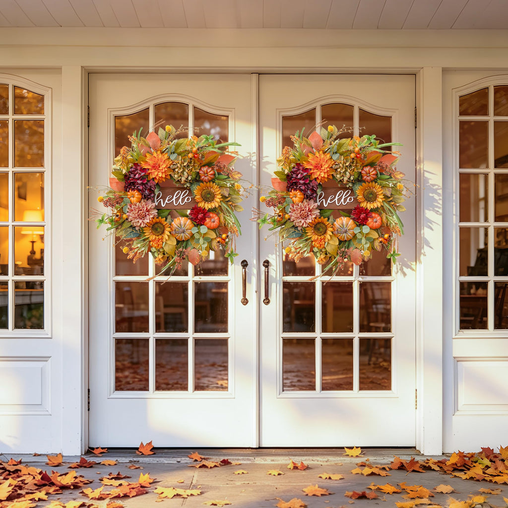Fall Wreaths for Front Door 24 Inch Autumn Wreath with Sunflowers, Pumpkins