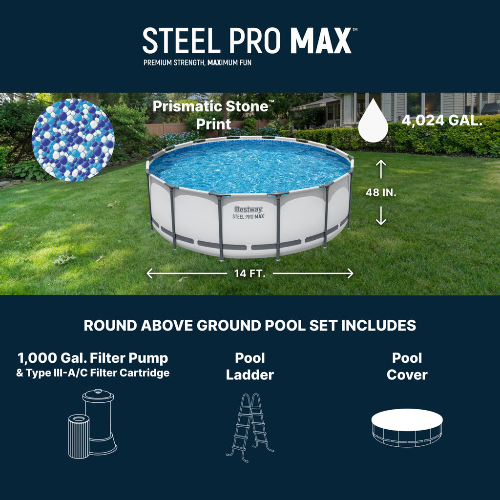 Bestway Steel Pro MAX 14' x 48" Above Ground Pool, Round Metal Frame Outdoor Swimming Pool Set with Filter Pump, Ladder, and Cover, Gray