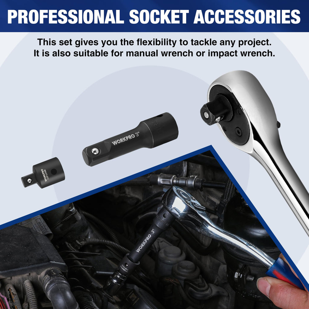 WORKPRO 9-Piece Impact Socket Extension Set, Includes 3/8" Drive Extension Bar Set, 1/4", 3/8" & 1/2" Drive Universal Joints and Adapters, Premium Chrome Vanadium Steel with Black Phosphate Finish
