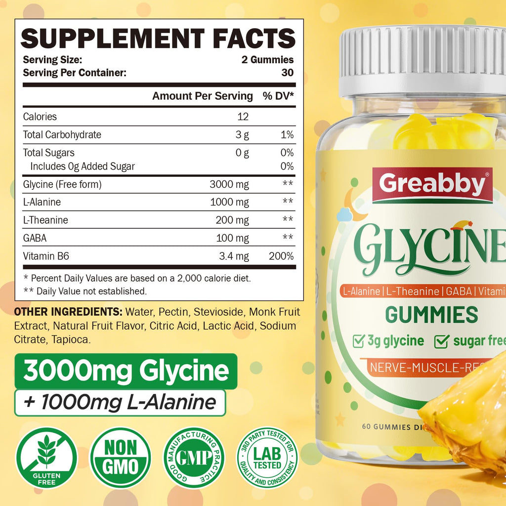 GREABBY Glycine 3g Gummies, with Alanine 1000 mg for Sleep Muscle Relaxation, L Theanine, GABA, Vitamin B6, Glycine Supplements for Adults Sleep, Sugar Free Pineapple Flavor, 60 Gummies