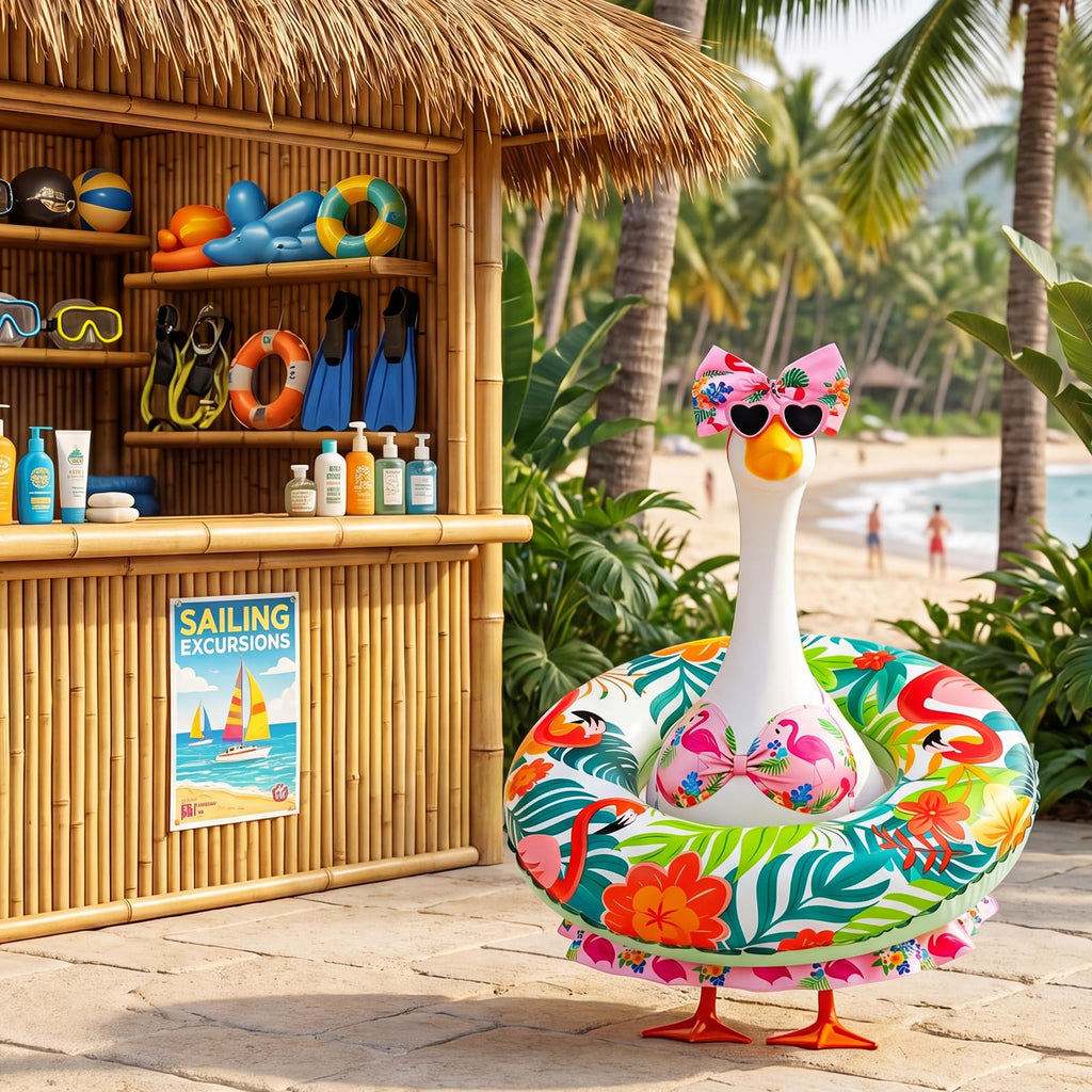 Ciyufavo 23 in Porch Goose Summer Outfit Bikini, Hawaiian Porch Goose Swimsuit Clothes Costume Accessories with Bow Glasses Swim Ring for 23" Summer Goose Garden Patio Statue Decor (Flamingos)
