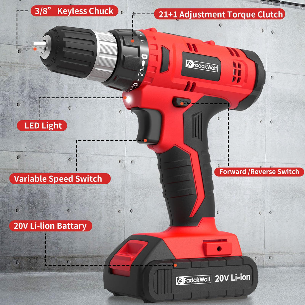FADAKWALT Cordless Drill Set, 20V Electric Power Drill With Battery And Charger, 30N Torque, 21+1 Settings, 3/8-Inch Keyless Chuck, Driver Bits Kit, LED Light (Red）