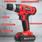 FADAKWALT Cordless Drill Set, 20V Electric Power Drill With Battery And Charger, 30N Torque, 21+1 Settings, 3/8-Inch Keyless Chuck, Driver Bits Kit, LED Light (Red）