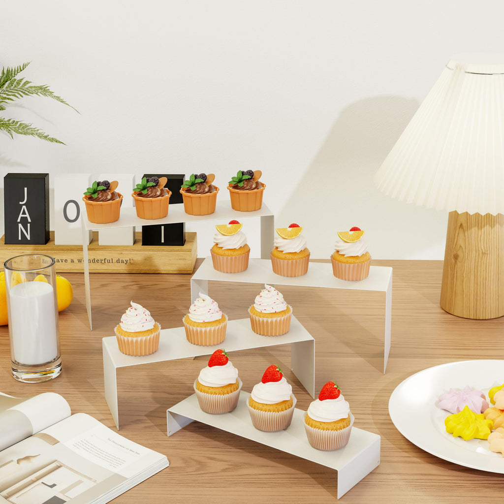 NEETBU White Matte Metal Display Stand,8 Pcs 2 Set Display Risers, Metal Rectangular Display Shelf Holders for Showcase, Dessert, Perfume, Vendor Events, Cupcake Stands, Toys Display Shelves ( 8Pcs-White, 7”L~8”L~9”L )