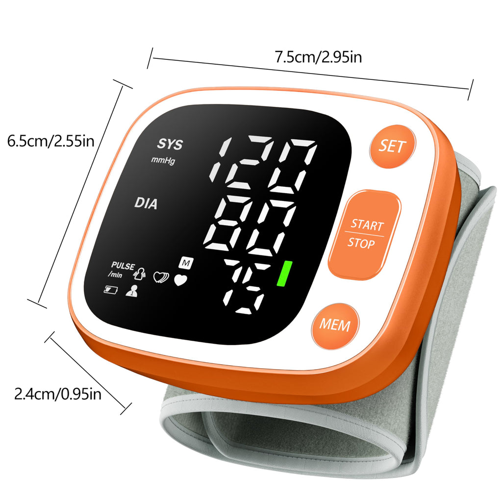 Oklar Blood Pressure Monitors for Home Use Rechargeable Wrist Digital BP Machine Cuff with LED Backlit Display, Voice Broadcast, 240 Memory Storage for 2 Users with Carrying Case, Orange