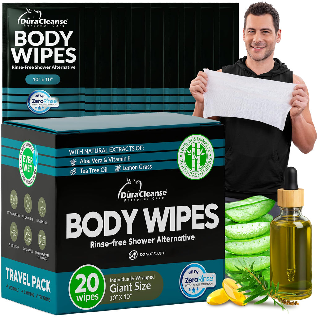 Travel Body Wipes for Men - 20 XL Shower Wipes for Adults Bathing No Rinse - Individually Wrapped 10”x10” Disposable Washcloths, Face Towels, Gym Mens Deodorant Sheets, Camping Essentials & Must Haves