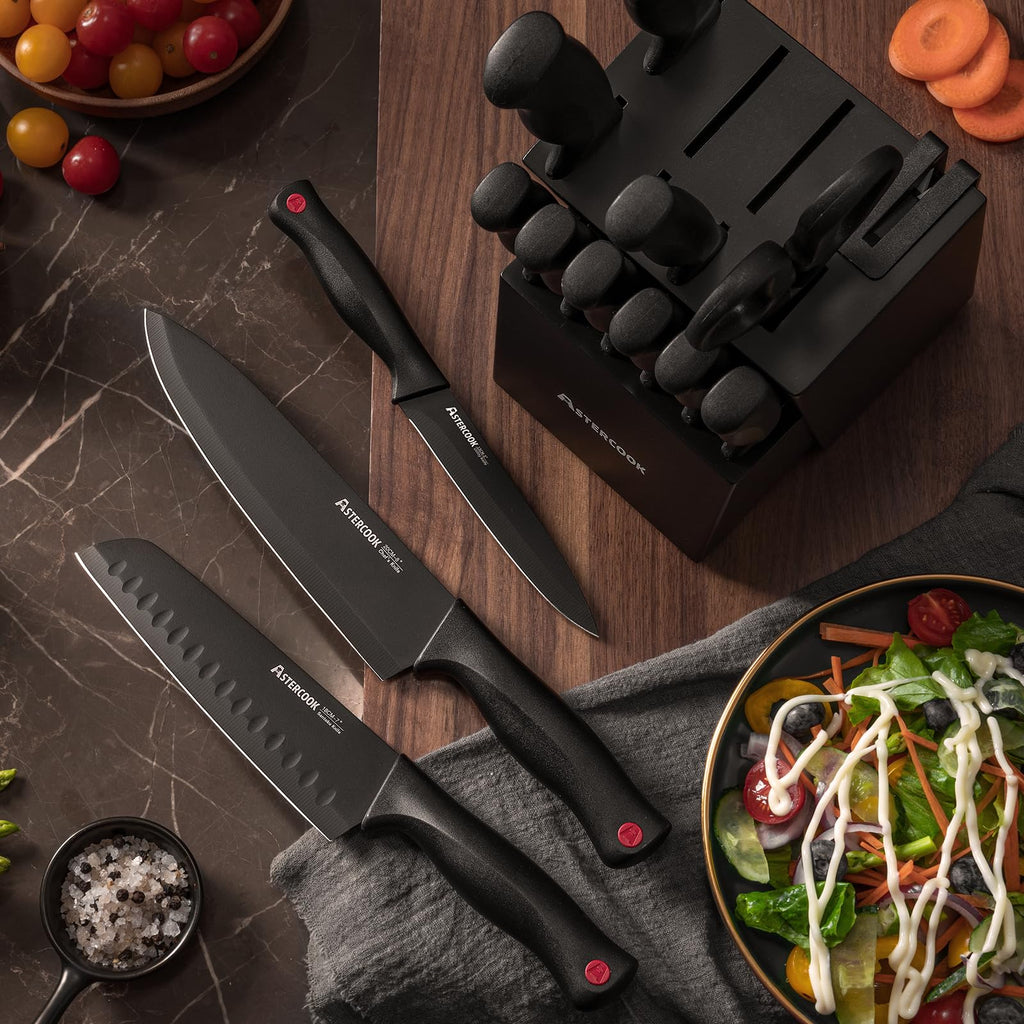 Astercook Knife Set for Kitchen with Block and Sharpener 15pcs German