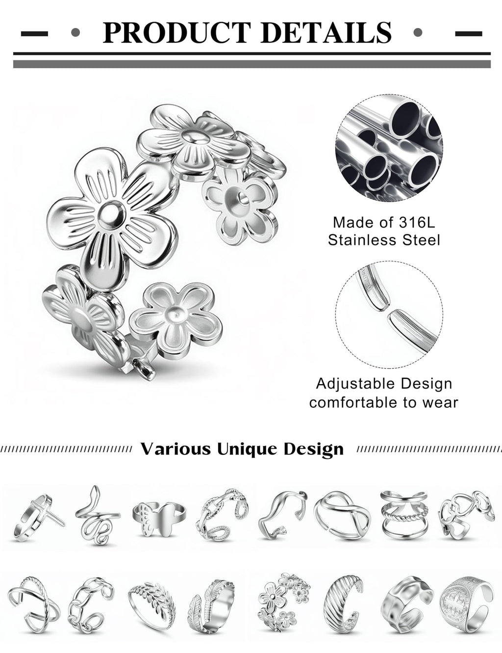 LOLIAS 16Pcs Stackable Stainless Steel Rings Jewelry for Women Non Tarnish