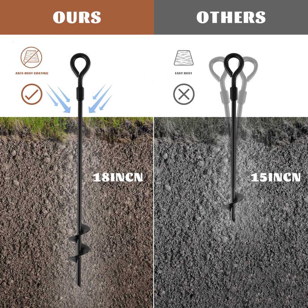MIXXIDEA18 Inch Ground Anchors Screw in Folding Ring Spiral Metal Ground Stakes Dog Tie Out Stake Spiraling Anchor Trampoline Anchors for Tent (black-8pk)