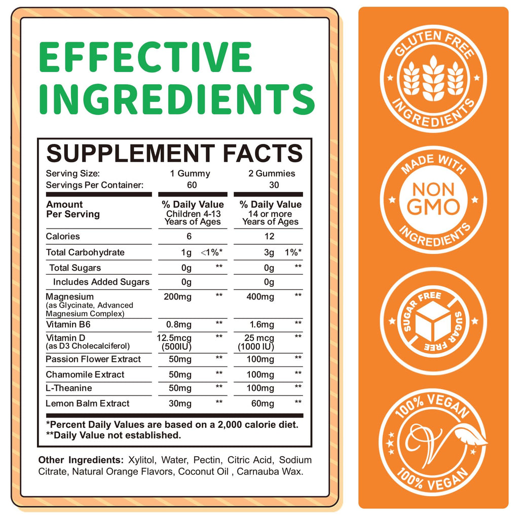 Magnesium Gummies for Kids - Magnesium Glycinate Gummies Supplement with L-Theanine, Vitamin B6, D3 for Adults & Kids, Calm Magnesium for Sleep, Relaxation, Brain, Bones, Sugar Free Orange 60ct