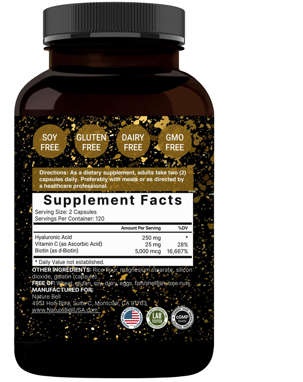 NatureBell 2 Pack Plant Based Hyaluronic Acid Supplements 250mg with 25mg Vitamin C & Biotin 5000mcg, 480 Total Capsules | Essential for Hair Growth, Joint Support, & Hydrating Skin | Non-GMO