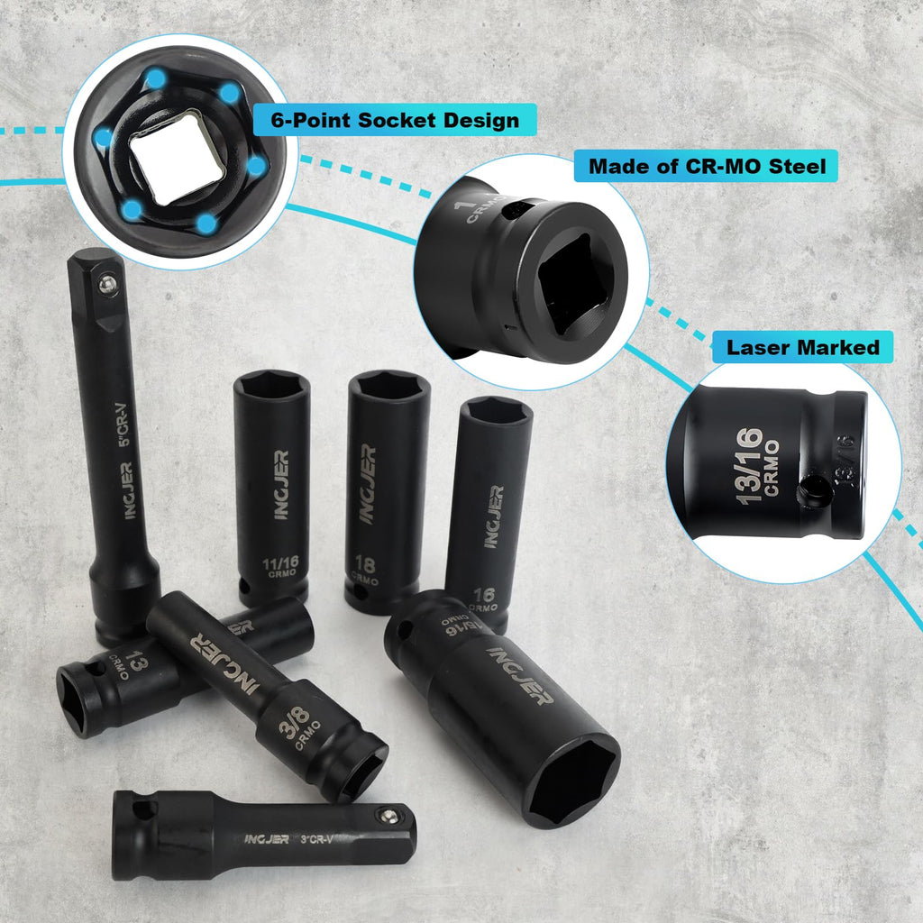 INGJER 1/2" 29PCS Impact Socket Set, Mechanic Tool Set,SAE (3/8"-1") & Metric (10-24mm), Standard & Deep Sockets with Extension Bars. CR-MO Steel, High Torque, Ideal for Truck Bearing Locknut.