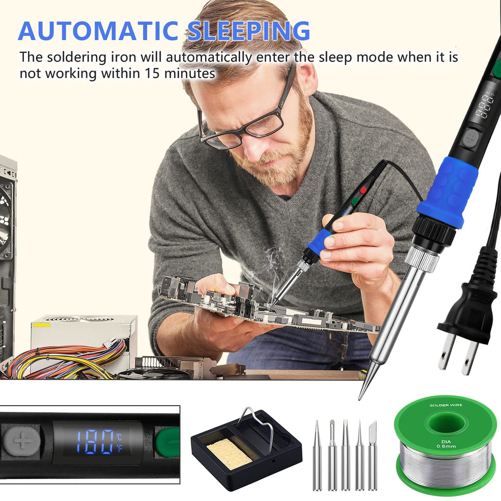 Soldering Iron Kit, 90W LED Digital Solder Iron Kit with Ceramic Heater, 110V Welding Tools with Smart Temperature Control, Auto Sleep, Temp Calibration, C/F, Accurate 176℉-896℉
