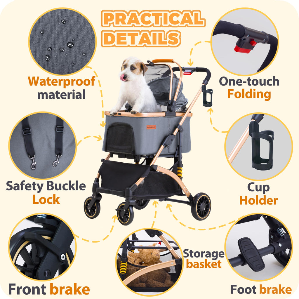 GdnWings Pet Stroller for Small Dogs, Lightweight Small Dog Stroller for Dogs Cats with 6 Shock Absorption System, Detachable Carrier Suitable for Car Seat & Hand Carry, Safe Outings, Gray