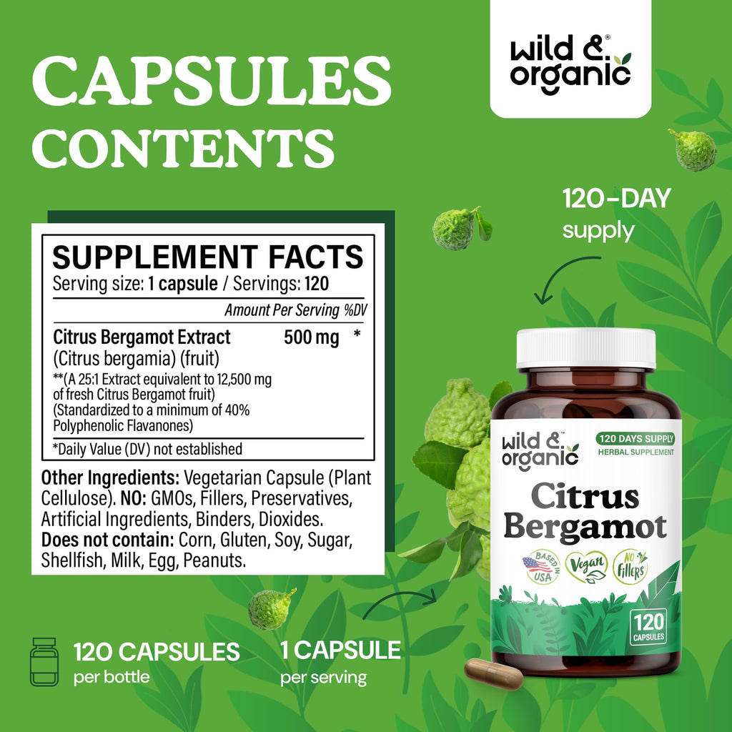 Wild & Organic Citrus Bergamot Capsules - Antioxidant & Overall Support - Citrus Bergamot Supplement - Citrus Bergamia Fruit Extract Powder - Vegan, No Fillers, Non-GMO - 120 Count