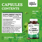 Wild & Organic Citrus Bergamot Capsules - Antioxidant & Overall Support - Citrus Bergamot Supplement - Citrus Bergamia Fruit Extract Powder - Vegan, No Fillers, Non-GMO - 120 Count