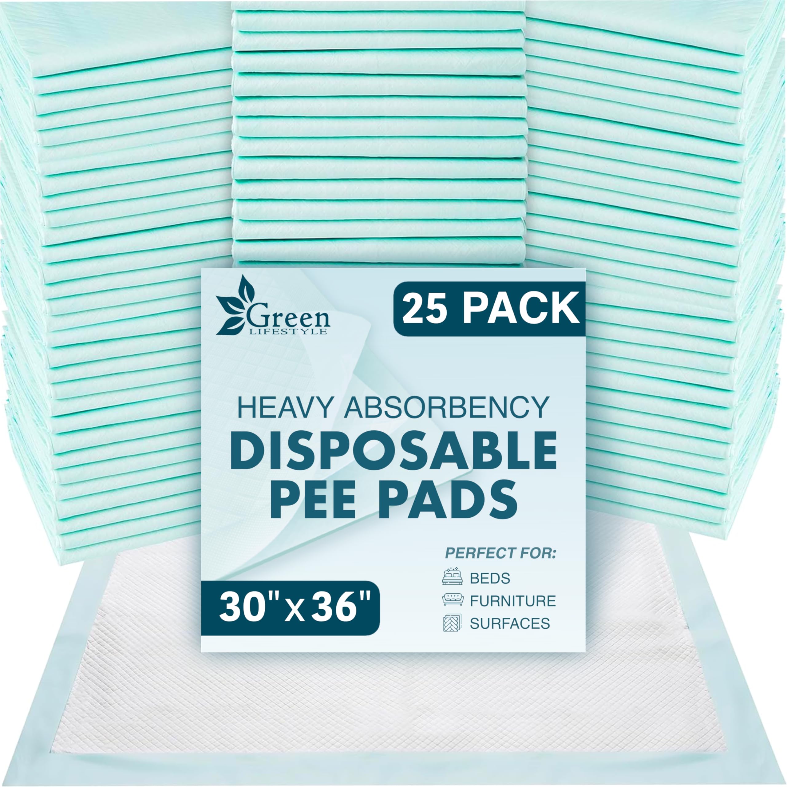 GREEN LIFESTYLE Underpads - Chucks Pads Disposable Adults, for use as Incontinence Bed Pads, Pet Pads, Pee Pads for Dogs, Cats, Bunny, Seniors Bed Pad (Pack of 25 - 30x36)
