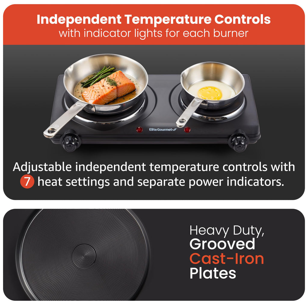 Elite Gourmet Double Cast Iron Burner, 1500W Hot Plate, Adjustable Temp